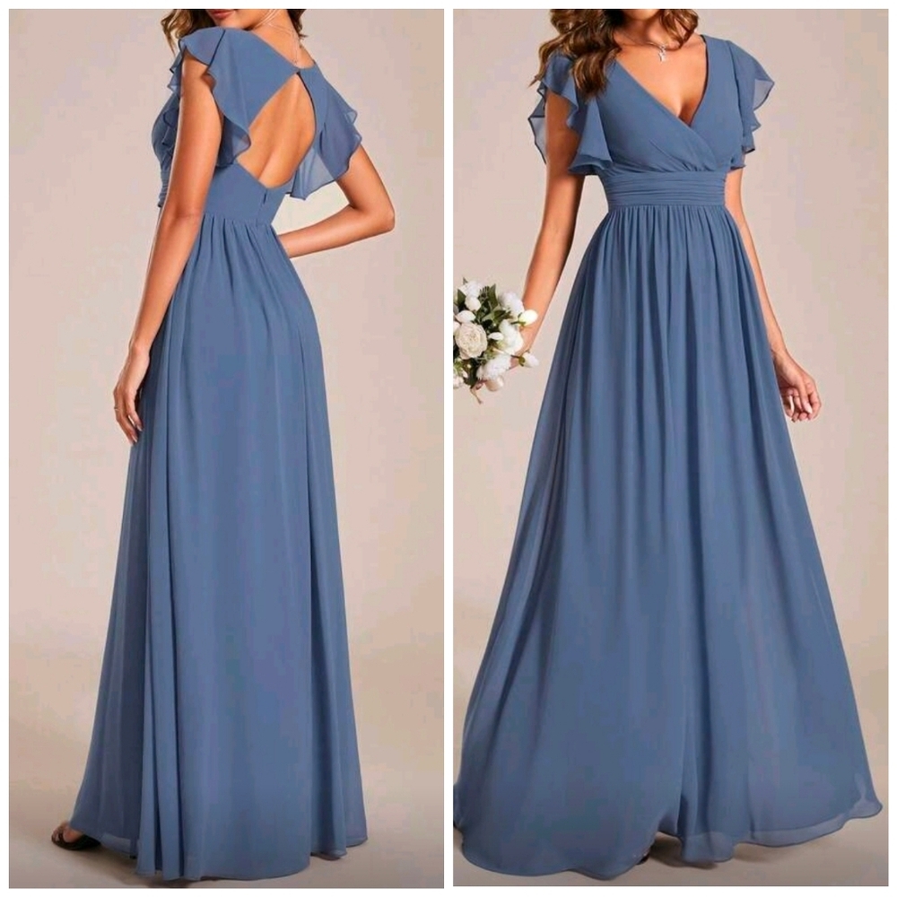 New Flowy Chiffon Open Back Wrap Top Maxi Gown Dress Flutter Sleeve Dusty Blue